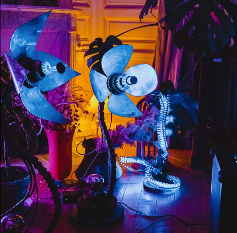 Mechanical flowers with speaker heads, lit blue and violet